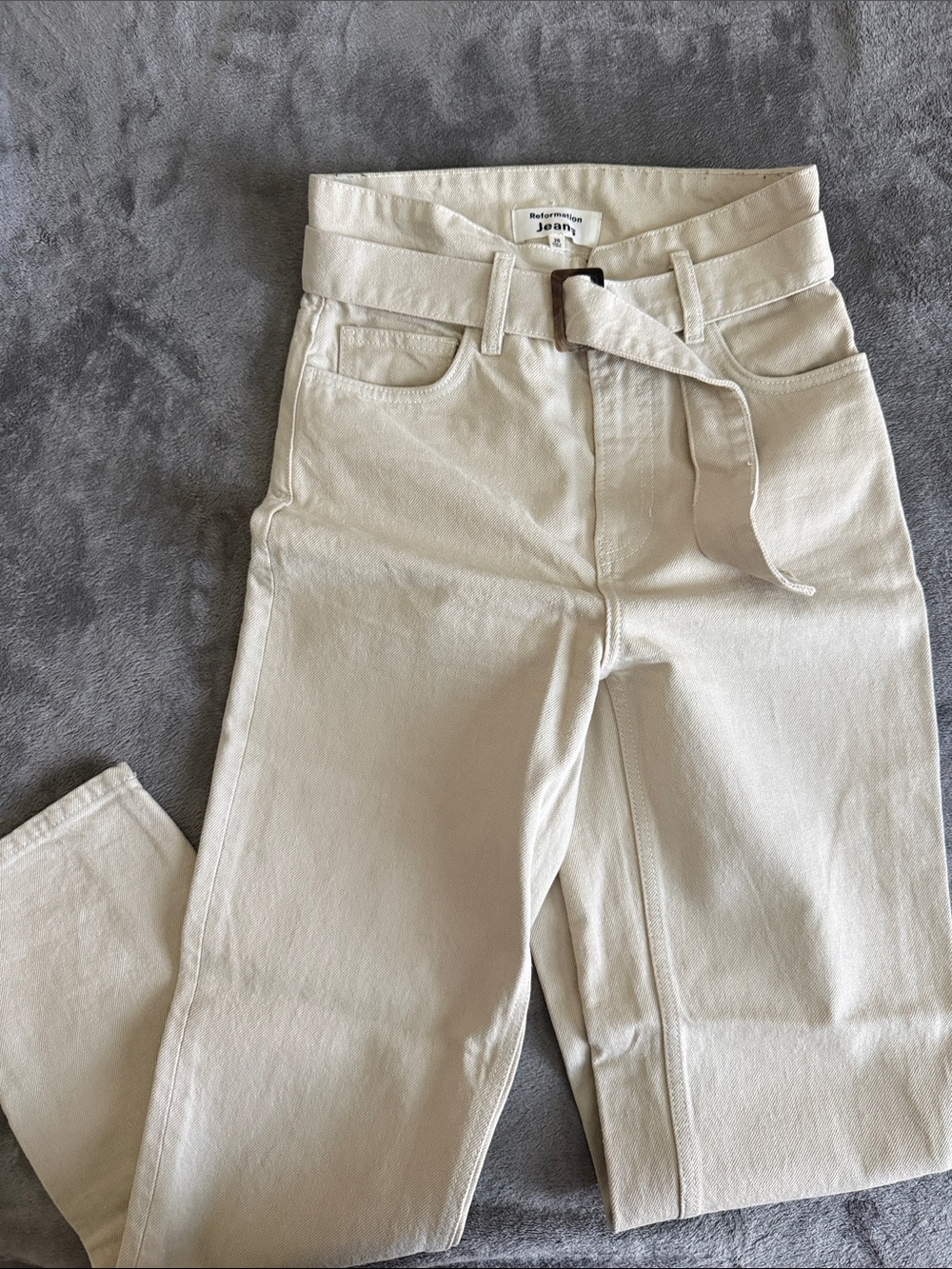 Reformation Beige High-Waist Belted Jeans